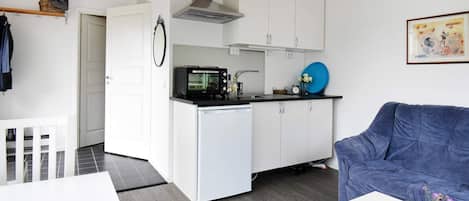 A compact living space with a kitchenette, a dining area, and a seating area with a blue sofa.