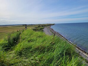 A coastal landscape with a grassy path leading to the sea, a clear sky, and distant fields.