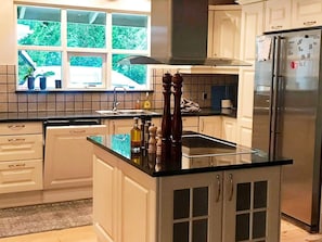 Fridge, stovetop, dishwasher, coffee/tea maker