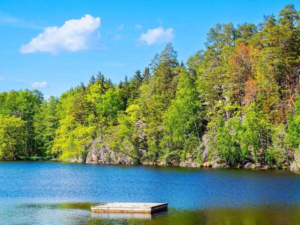 A serene lakeside scene with a dock extending into calm waters, surrounded by dense forest and clear skies.