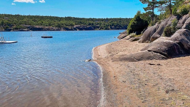 A clear view of a beach with a rocky shoreline, calm water, and a forested background. - 9 Person Holiday Home in Vesteroy (Hvaler)