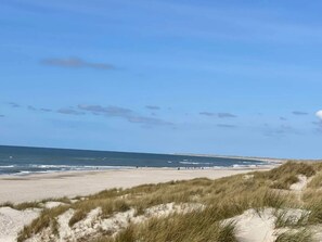 Una playa con dunas de arena y un cielo despejado.