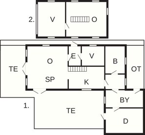 A floor plan with two main rooms labeled 1 and 2. Room 1 has a large open space labeled TE, and room 2 has a smaller room labeled V with a window.