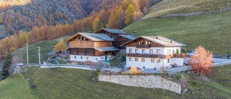 A mountain lodge with a wooden exterior, a stone wall, and a view of the surrounding forest.