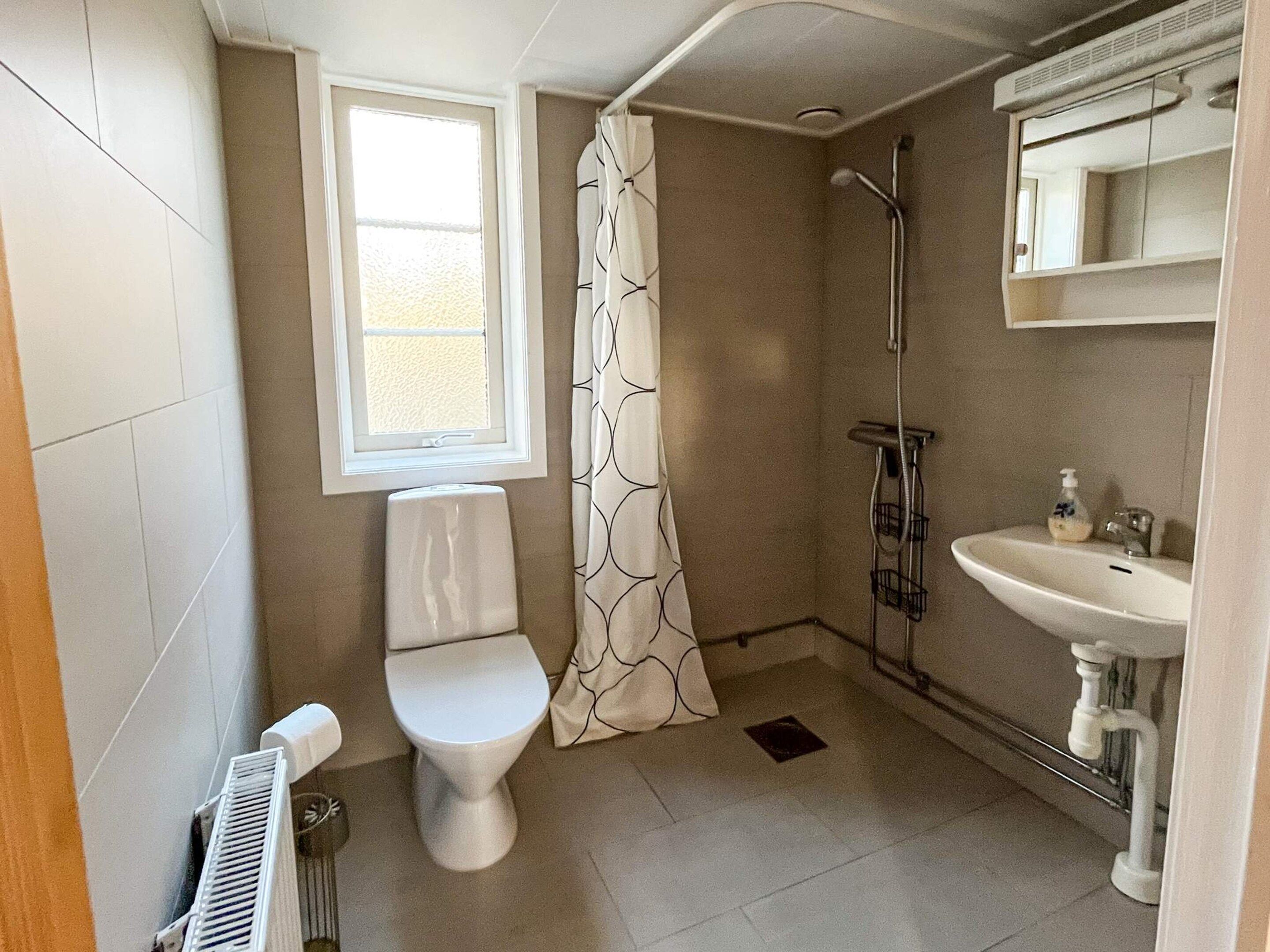 A bathroom with a toilet, a shower, a sink, and a window.