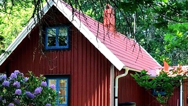 A red wooden house with a sloped roof, a window with blue shutters, and purple flowers in the foreground. - 4 Person Holiday Home in Jamjo (Jämjö)