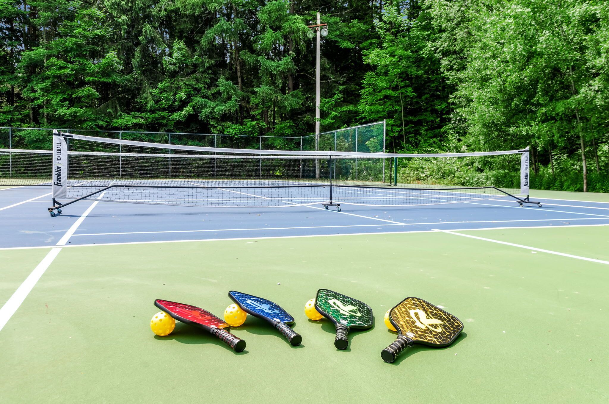 Un court de tennis avec un filet, entouré d’arbres.