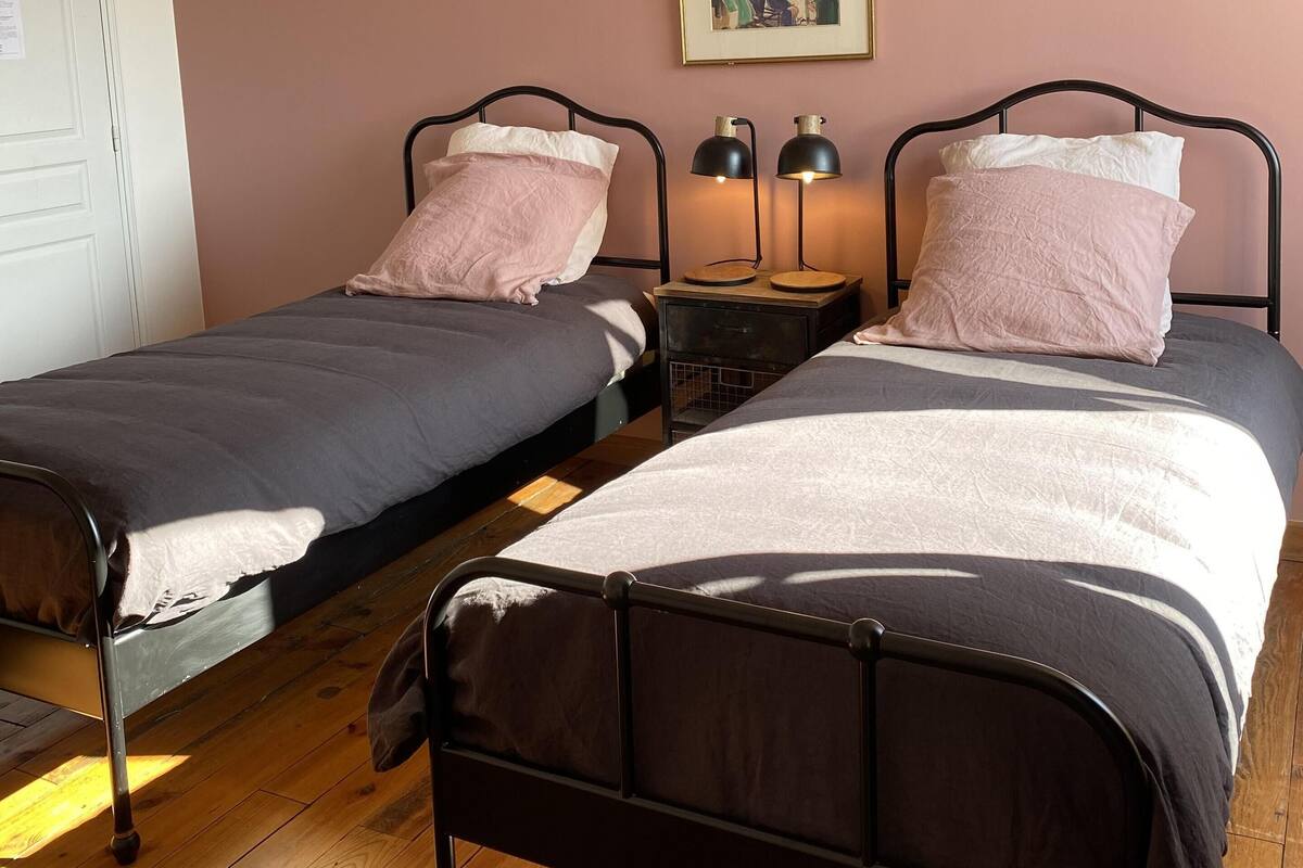 Une chambre avec deux lits simples, une table de chevet avec des lampes, un tableau encadré au mur et un plancher en bois.
