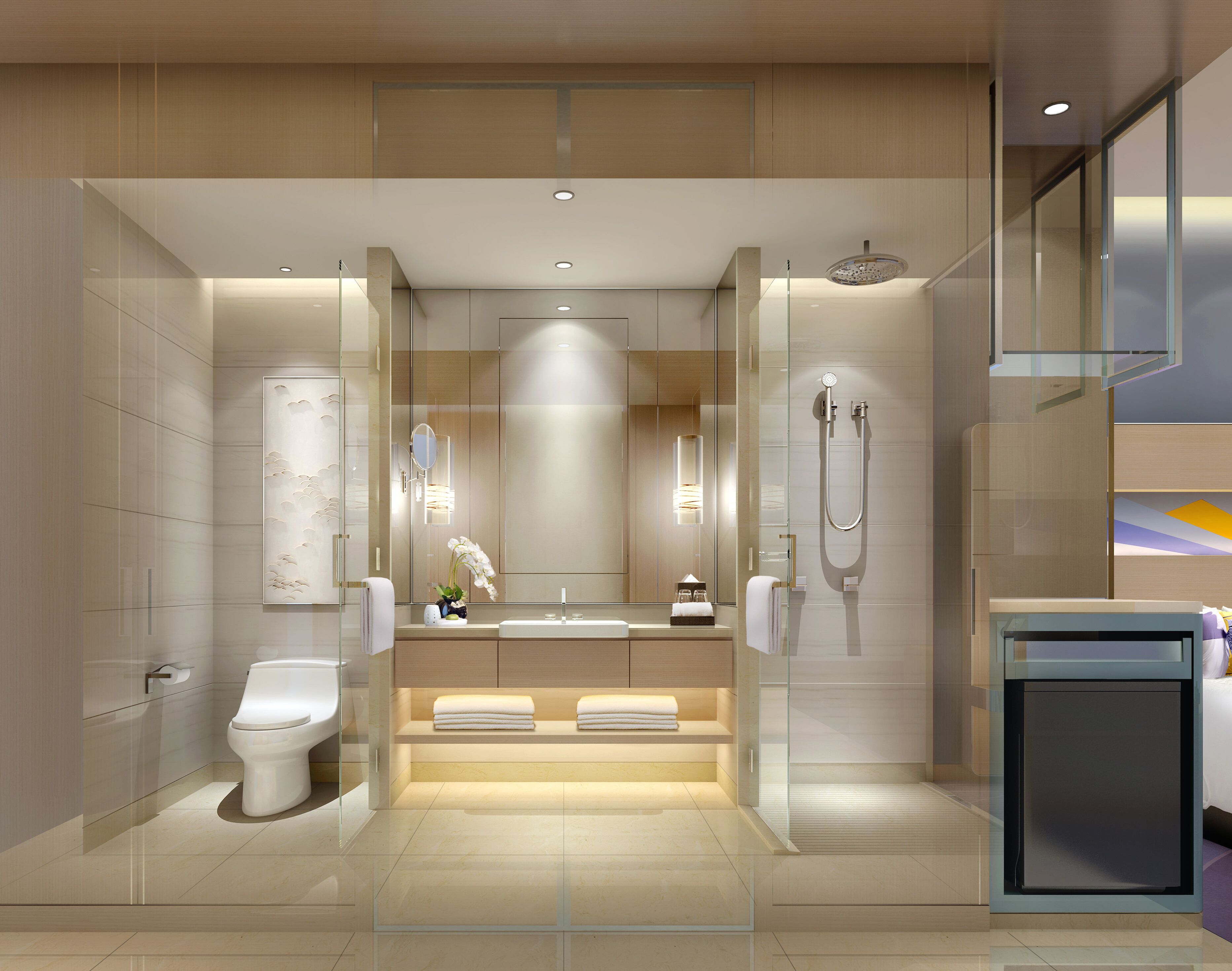 Combined shower/tub, rainfall showerhead, designer toiletries