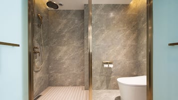 Shower, rainfall showerhead, hair dryer, towels