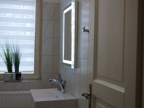 A bathroom with a white sink, a mirror, and a potted plant.