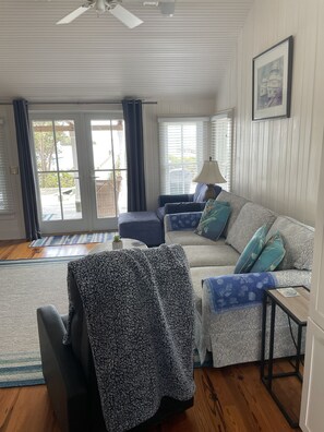 Smart TV, fireplace, books