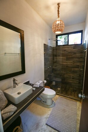 Shower, towels, soap, shampoo