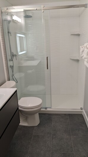 Dusche, Haartrockner, Handtücher, Seife