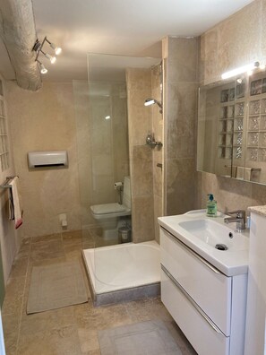 A modern bathroom with a glass-enclosed shower, a white sink with a mirror, and a toilet.