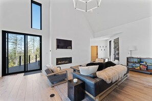 Smart TV, fireplace, books, music library