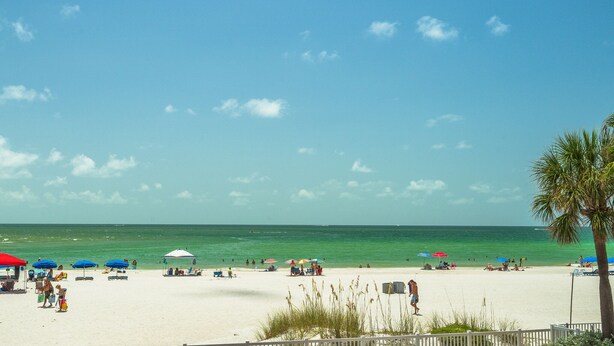 A beach with umbrellas and people.