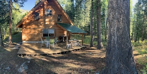 Une cabane en bois dotée d’une terrasse, d’un espace salon extérieur et d’un toit végétalisé.