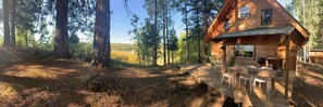 Une cabane en bois dotée d’une terrasse et d’un espace salon extérieur, entourée de grands arbres et d’un paysage boisé.