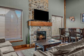 Smart TV, fireplace, video games, DVD player