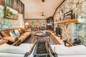 TV, fireplace, offices - Camp Blanco | 18-Acre Ranch + Game Barn (Blanco)