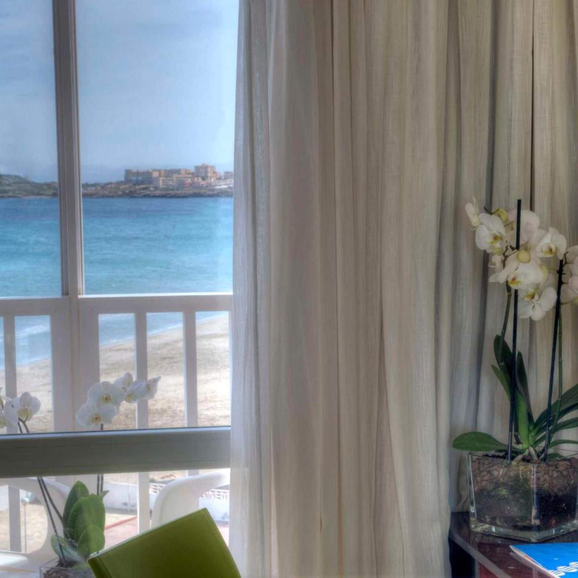 Ein Zimmer mit einem großen Fenster mit Blick auf einen Strand und das Meer, eine Orchidee im Topf auf einem Tisch und ein Sessel.