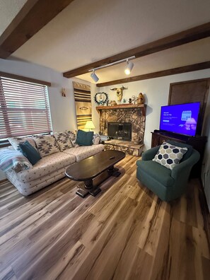 Smart TV, chimenea y libros 