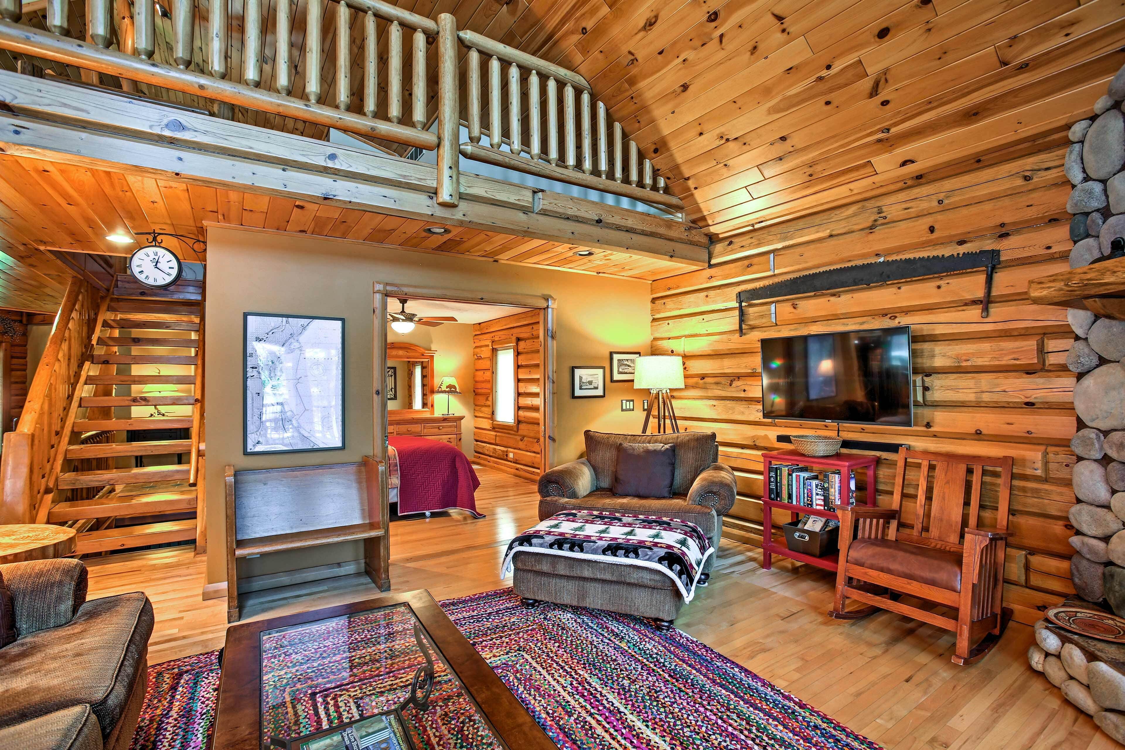 Tranquil Lakefront Log Home with Fireplace, Private Dock and Hot Tub!