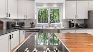 A modern kitchen with white cabinets, a black induction cooktop, a microwave, a coffee maker, and a window with a view of trees. - Higgins Lake Lakefront Lodge with Private Sandy Beach - Sleeps 13 (Roscommon)