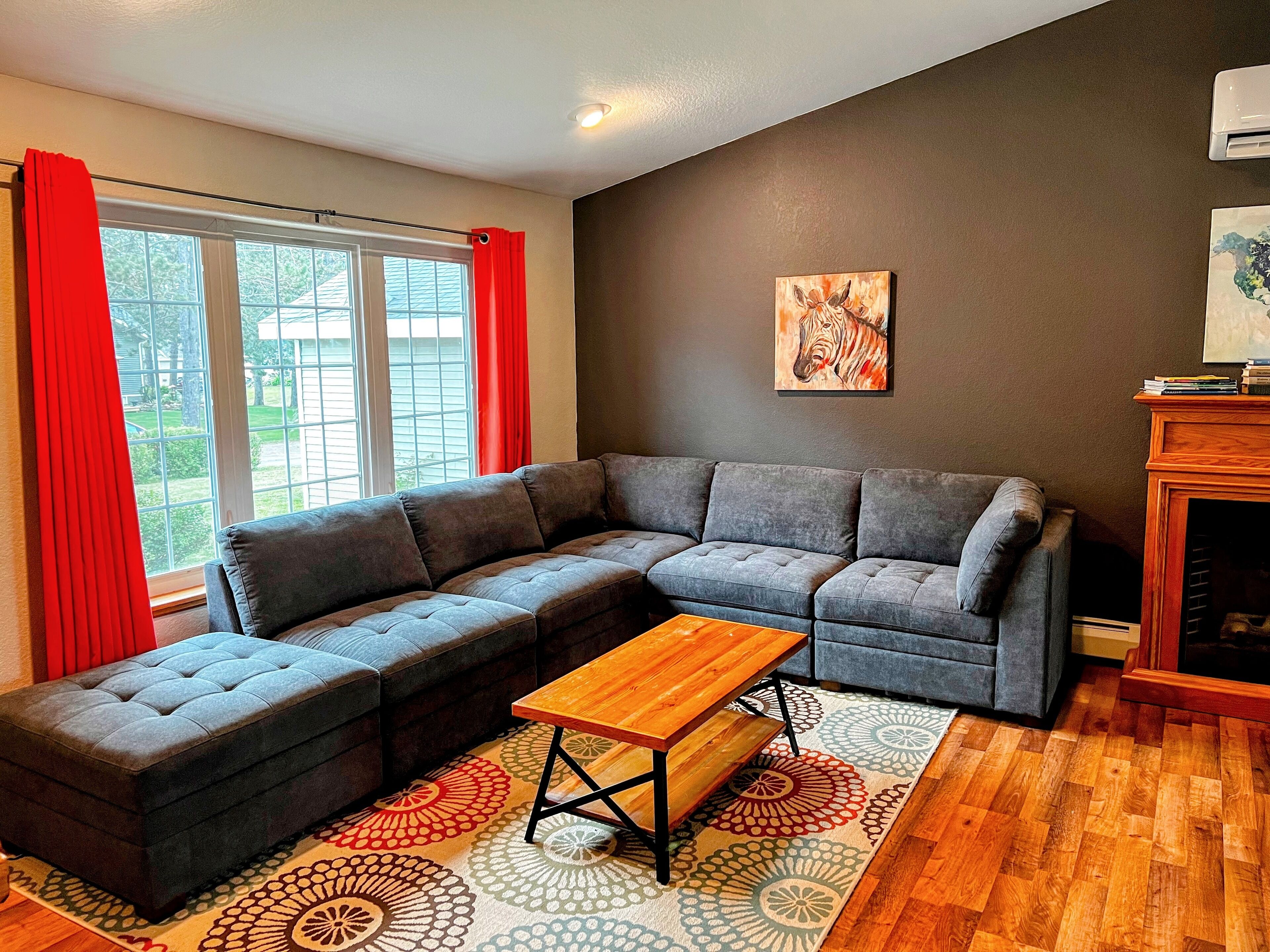 Smart TV, fireplace, video games, DVD player