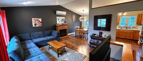 Smart TV, fireplace, video games, DVD player