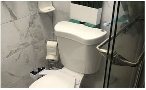 Shower, hair dryer, bidet, towels