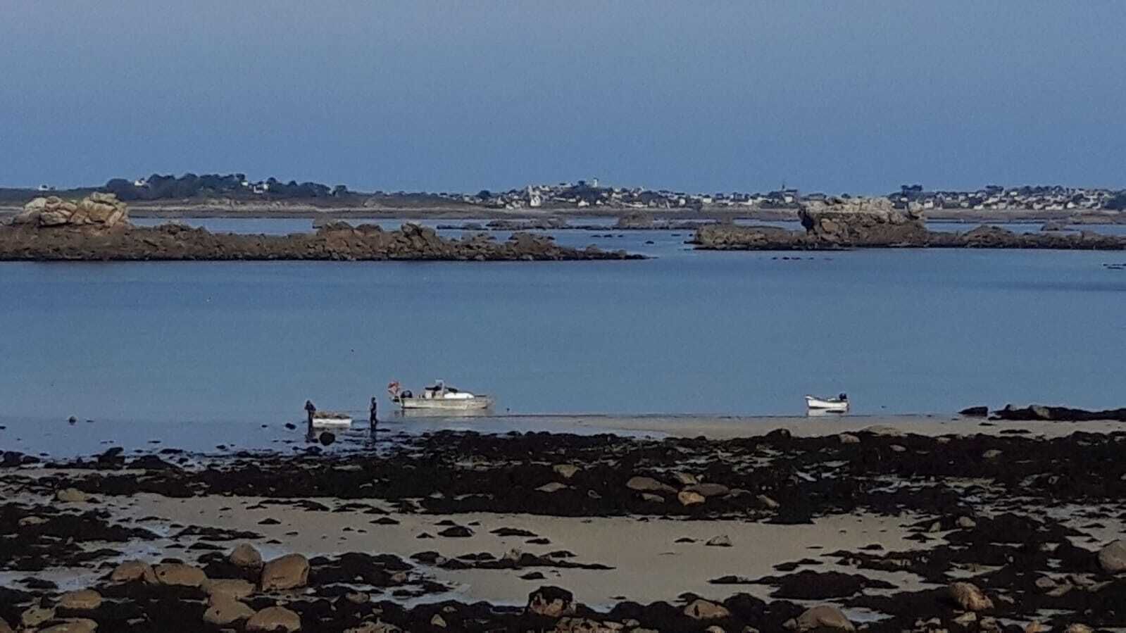 A rocky shoreline with boats anchored near the water's edge.