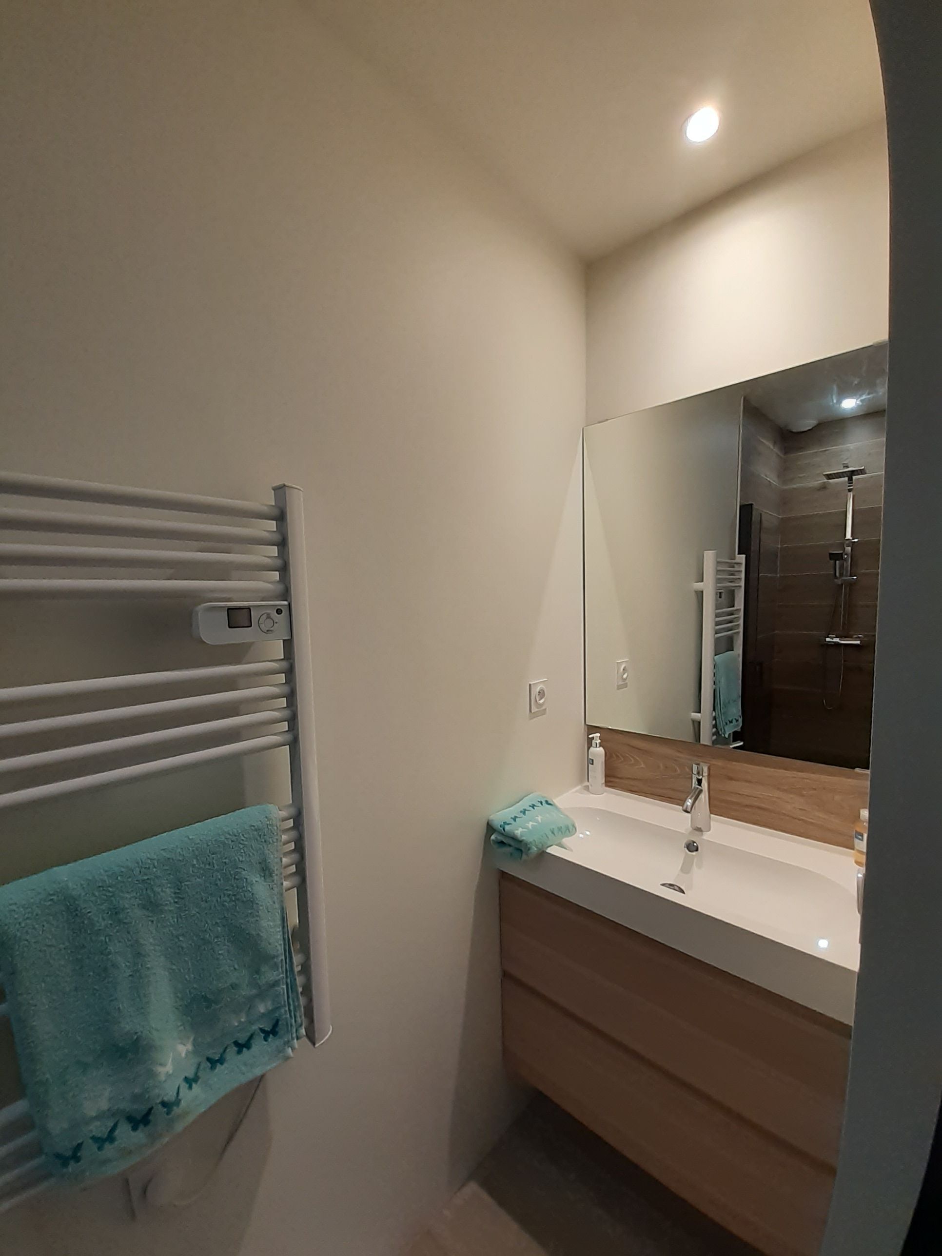 A bathroom with a white sink, a mirror, a towel rack with a blue towel, and a shower area.