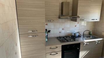Apartment | Private kitchen | Full-sized fridge, oven, stovetop, cookware/dishes/utensils