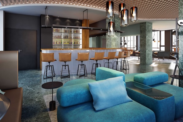 Eine moderne Lounge mit Bar, Sitzgelegenheiten und einem Marmorboden.