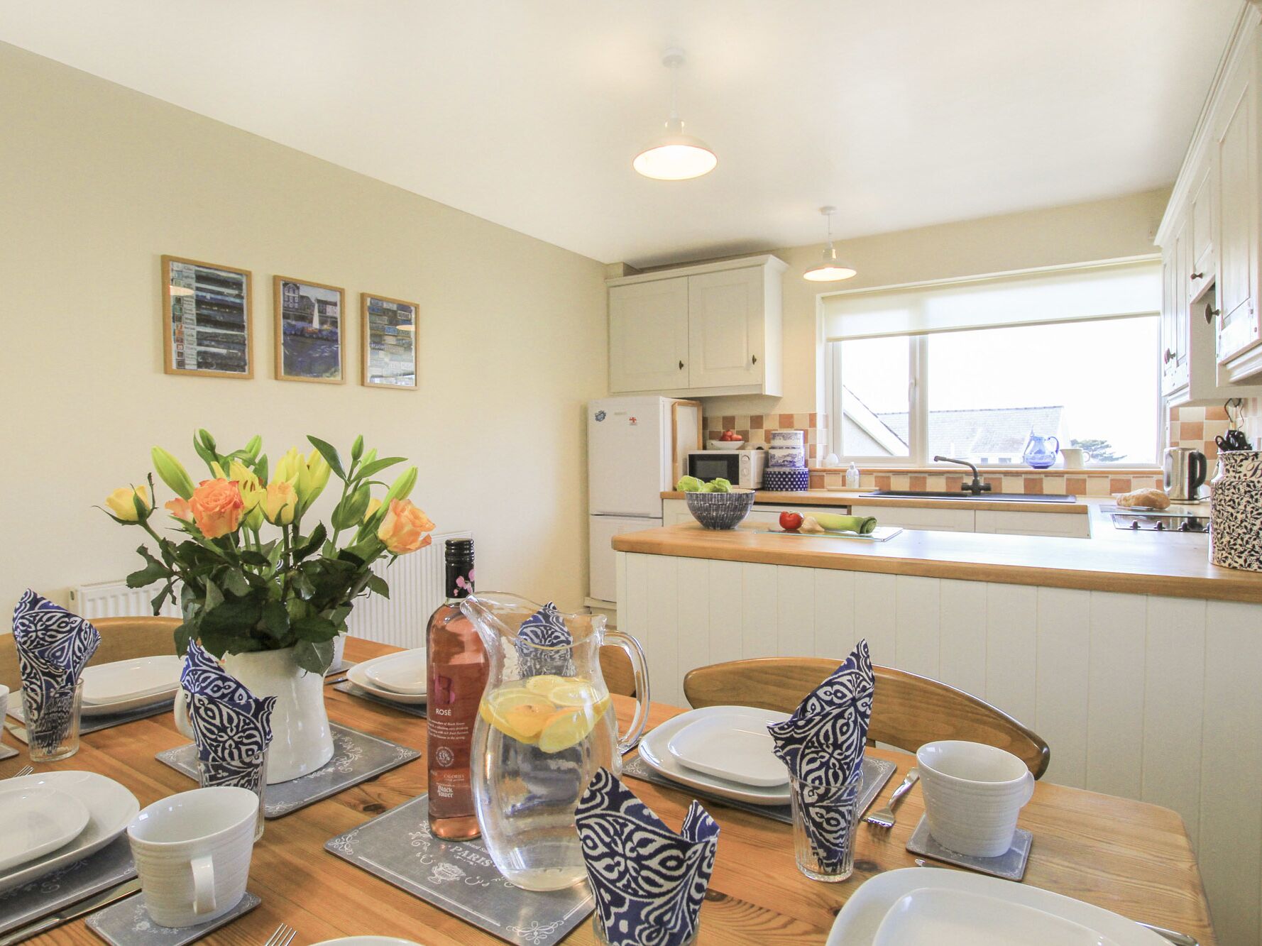 Fridge, dishwasher, cookware/dishes/utensils