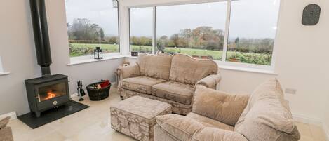 A cozy living room with a fireplace, a sofa, and a view of the countryside.