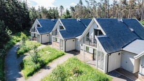 A row of cabins with pitched roofs, surrounded by a forested area.