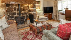 Una sala de estar acogedora con chimenea de piedra, televisor y asientos cómodos.