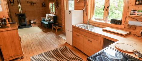 A wooden cabin with a kitchen featuring a stove, sink, and a window with a view of greenery.