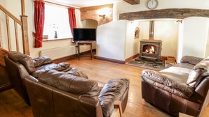 Una sala de estar acogedora con sofás de cuero, un televisor y una chimenea.