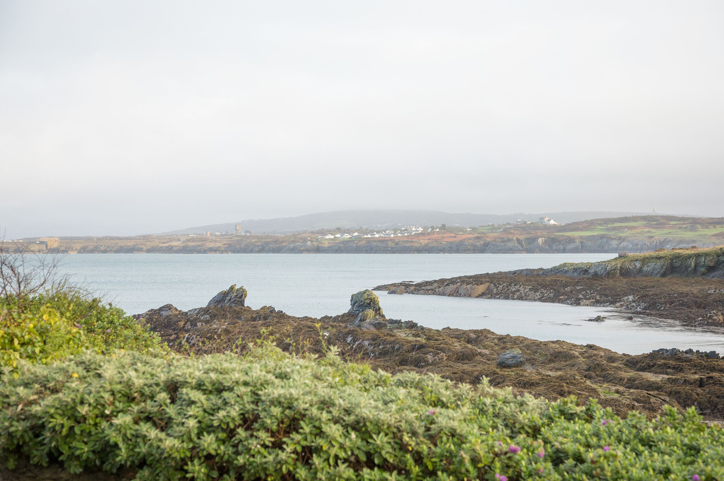 A coastal landscape with rocky terrain and a body of water.