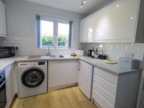 Fridge, microwave, electric kettle, toaster