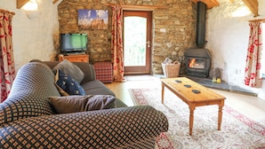 A cozy living room with a stone wall, a fireplace, a television, and patterned sofas. - The Granary (Cardigan)