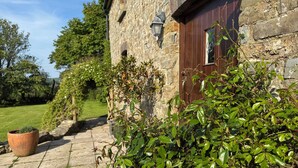 A stone building with a wooden door, a potted plant, and a stone pathway. - The Granary (Cardigan)