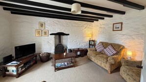 A living room with a fireplace, a sofa, a television, and a coffee table. - Derlwyn (Newport)