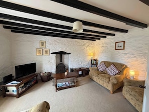 A living room with a fireplace, a sofa, a television, and a coffee table. - Derlwyn (Newport)