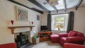 A living room with a fireplace, red sofas, a television, and a window with curtains. - Panteg, Cardigan (Cardigan)