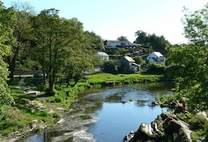 A river flowing through a lush green landscape with houses on the opposite bank. - Sarnau (Clynderwen)